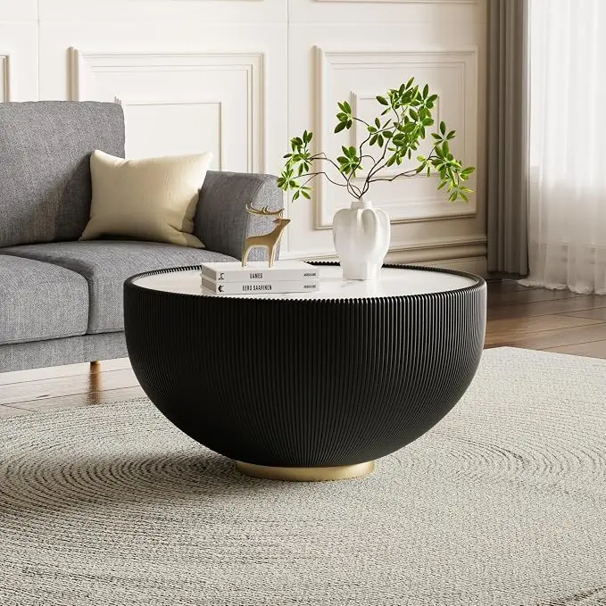 SSLine Bowl-Shape Coffee Table Modern Sintered Stone Top Coffee Table in Black