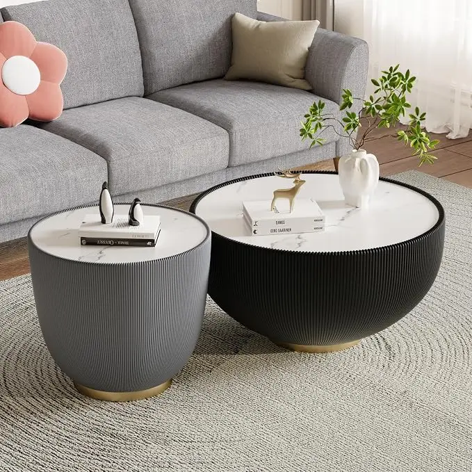 SSLine Bowl-Shape Coffee Table Set of 2 Modern Sintered Stone Top Nesting