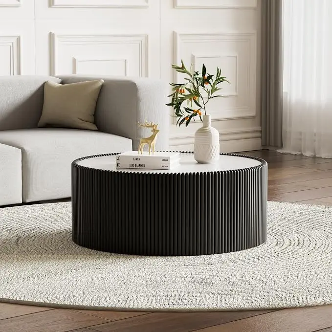 SSLine Round Drum Coffee Table Modern Sintered Stone Top Coffee Table in Black