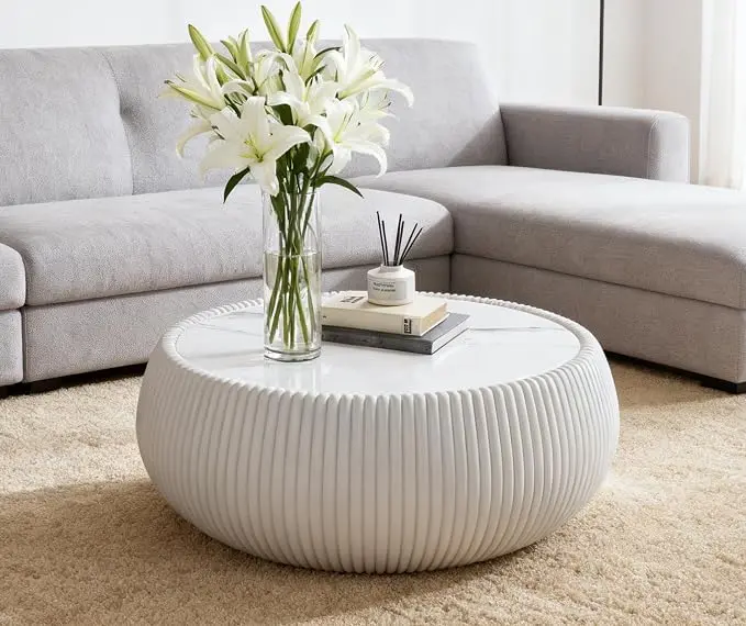 SSLine Round Drum Coffee Table Modern Sintered Stone Top Coffee Table in Cream