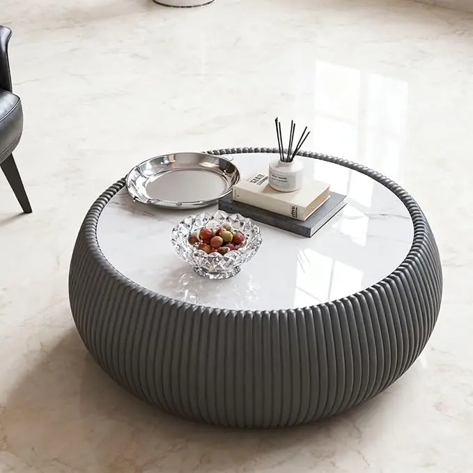 SSLine Round Drum Coffee Table Modern Sintered Stone Top Coffee Table in Grey