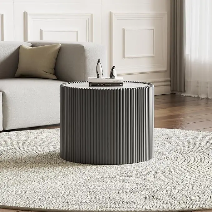 SSLine Round Drum Coffee Table Modern Sintered Stone Top Side End Table in Grey