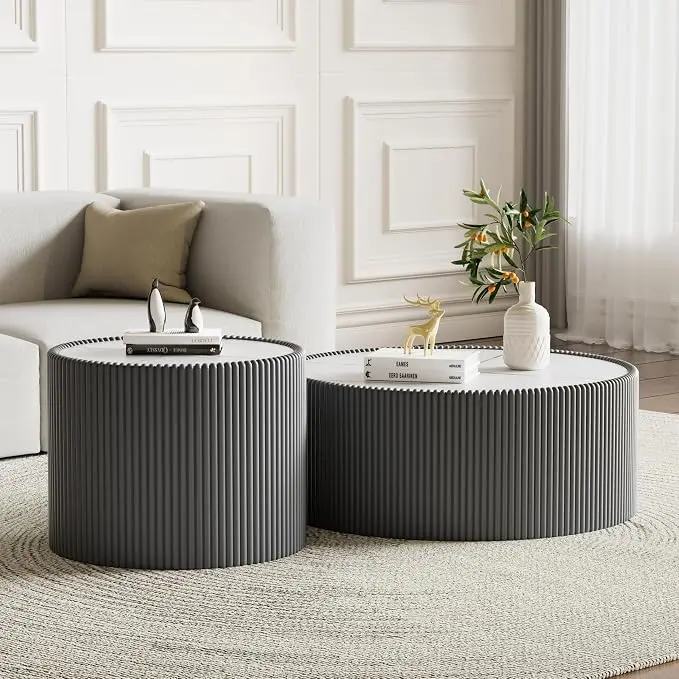 SSLine Round Drum Coffee Table Set of 2 Modern Sintered Stone Top Nesting