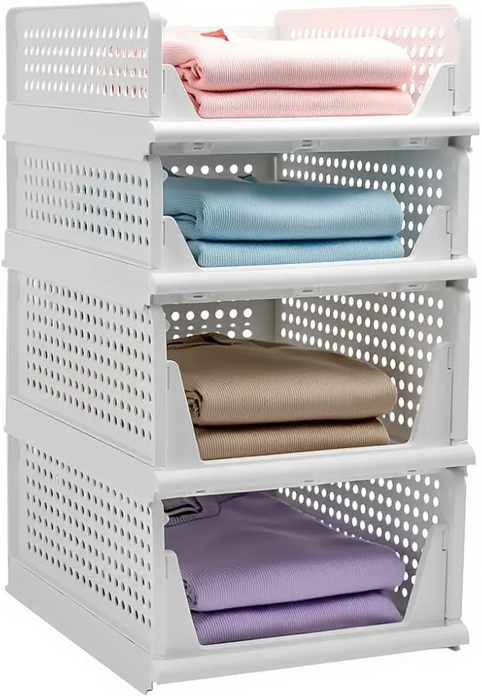 Stackable Foldable Storage Baskets, Folding Storage Bins, Closet Organizers and Plastic Drawer Shelf Storage Container for Wardrobe, Cupboard, Kitchen, Bathroom, Office (White, 2L2S)