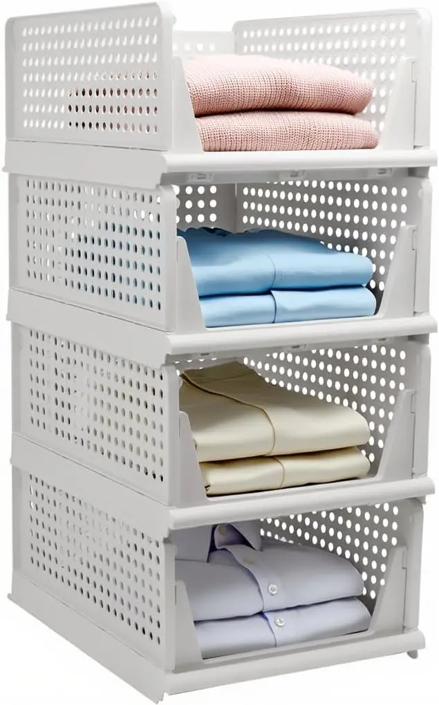 Stackable Foldable Storage Baskets, Folding Storage Bins, Closet Organizers and Plastic Drawer Shelf Storage Container for Wardrobe, Cupboard, Kitchen, Bathroom, Office (White, 4L)