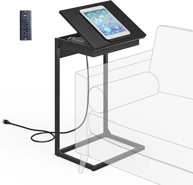 sthmec C Shaped End Table with Charging Station, 45° Tiltable Adjustable Flip
