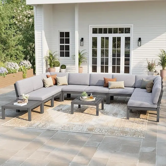 Stoog 11-Piece Patio Conversation Set, 9-Seats U-Shaped Modular Patio Sofa Set