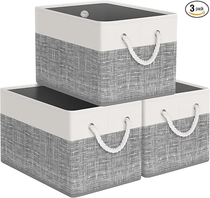 Storage Bin,Collapsible Storage Basket For Organizing,Large Storage Boxes With Rope Handles,Storage Containers,White & Grey,3 Pack