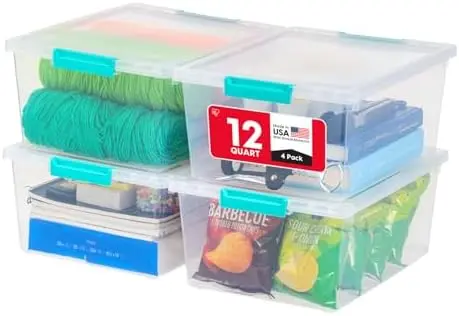 Storage Bins with Lids |Made in USA| 12 Qt - (4-Pack) - Clear