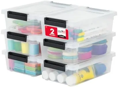 Storage Bins with Lids |Made in USA| 2 Qt - (6-Pack) - Clear/Black