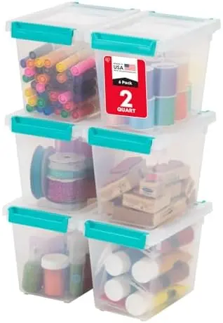 Storage Bins with Lids |Made in USA| 2 Qt Tall - (6-Pack) - Clear
