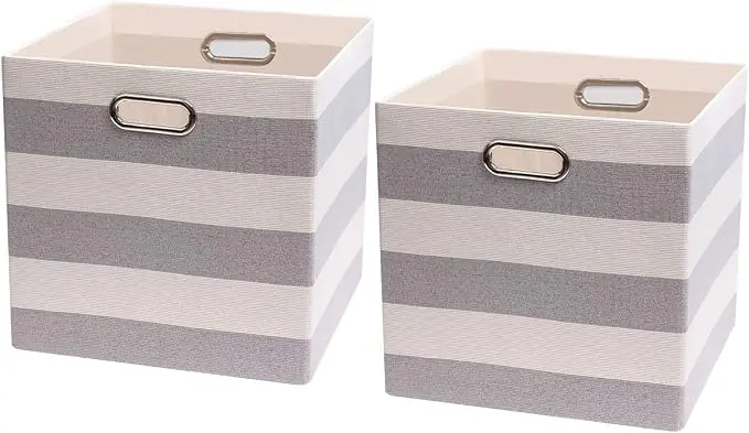 Storage Cubes,13×13 Collapsible Storage Baskets Bins Fabric Drawers - 2pcs, Grey-white Striped