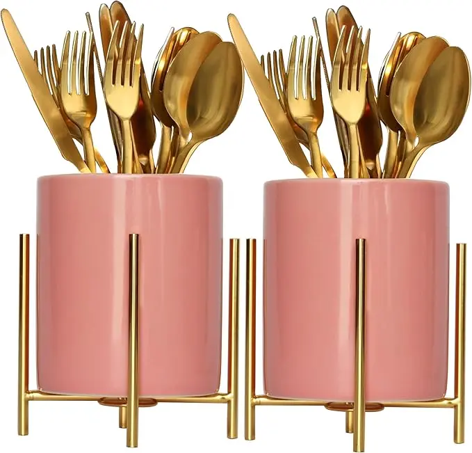Sturdy Cutlery Holder Gold Ceramic With Metal Bracket Robust Silverware Caddy For Countertop - Spoon Holder Silverware Caddy