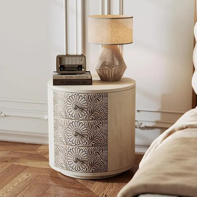 SUNBURY End Table Living Room Small Side Table w 3 Drawers, Vintage Bedside