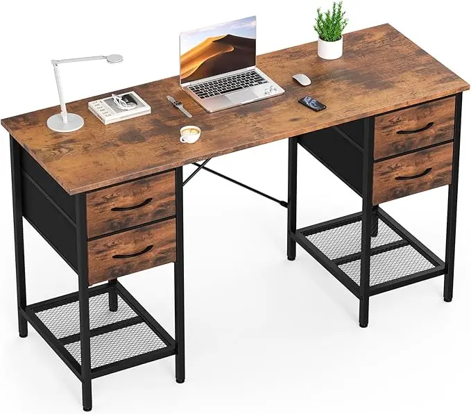 Sweetcrispy Computer Desk with Drawers, 55 Inch Home Office Bedroom Table with