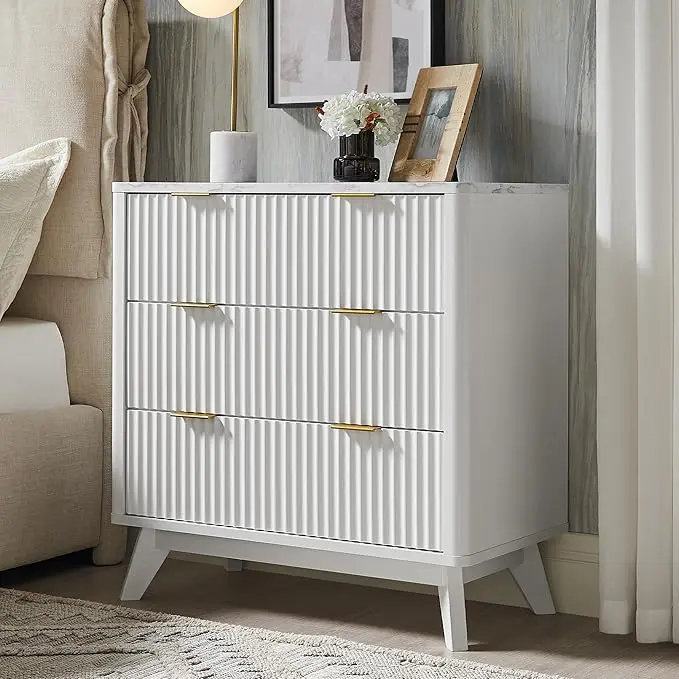 T4TREAM Fluted 3 Drawers Nightstand, Oversized Extra Large Modern Side Table