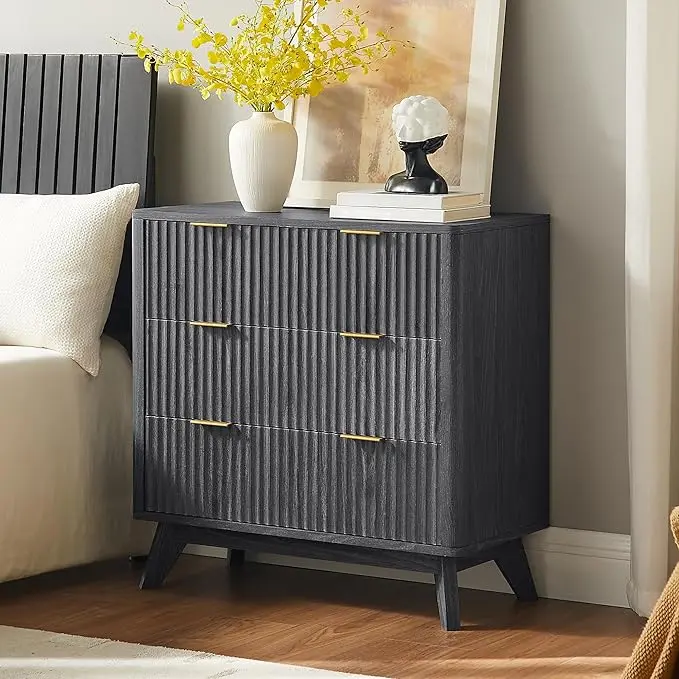 T4TREAM Fluted 3 Drawers Nightstand, Oversized Extra Large Modern Side Table