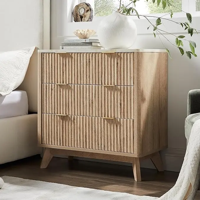 T4TREAM Fluted 3 Drawers Nightstand, Oversized Extra Large Modern Side Table