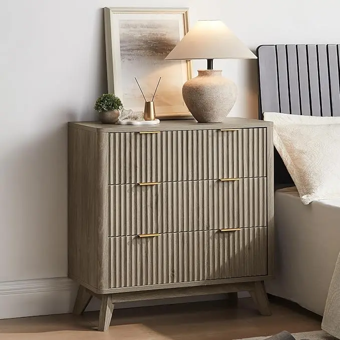 T4TREAM Fluted 3 Drawers Nightstand, Oversized Extra Large Modern Side Table