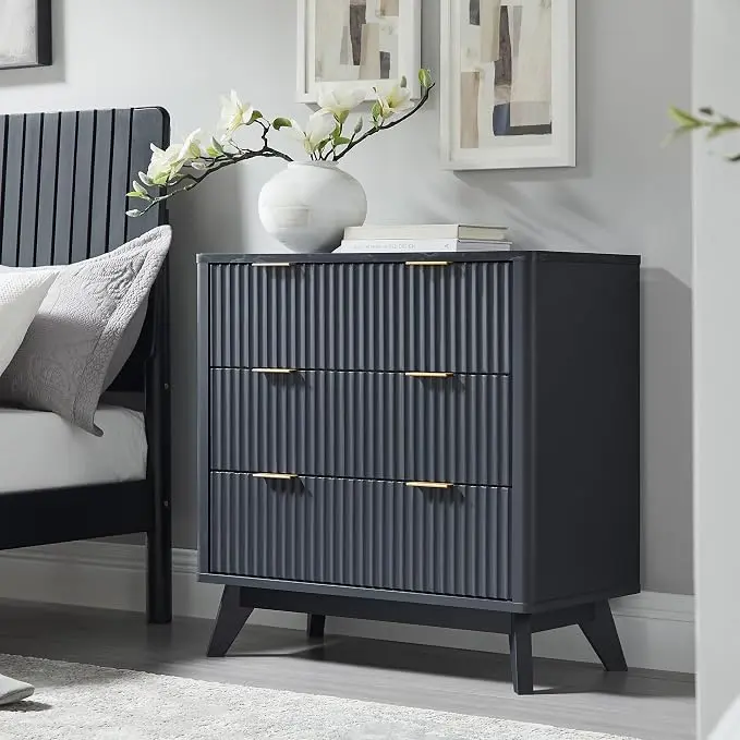 T4TREAM Fluted 3 Drawers Nightstand, Oversized Extra Large Modern Side Table