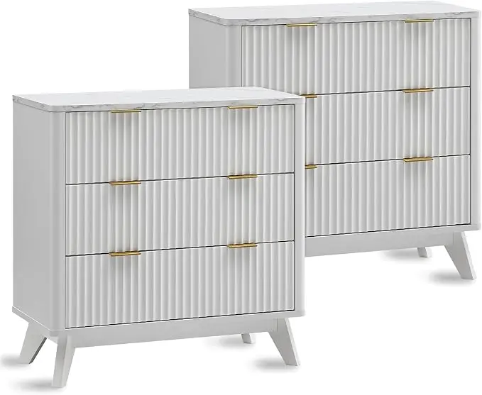 T4TREAM Fluted 3 Drawers Nightstand Set of 2, Oversized Extra Large Modern Side
