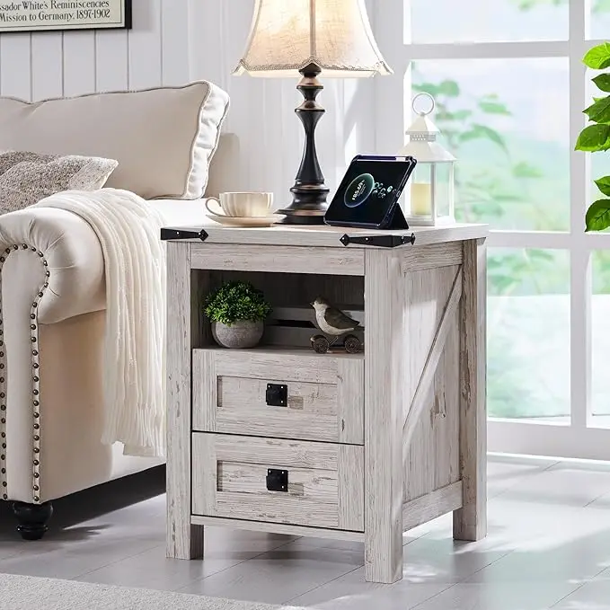T4TREAM Nightstand with Charging Station, End Table, Side Table with 2 Drawers