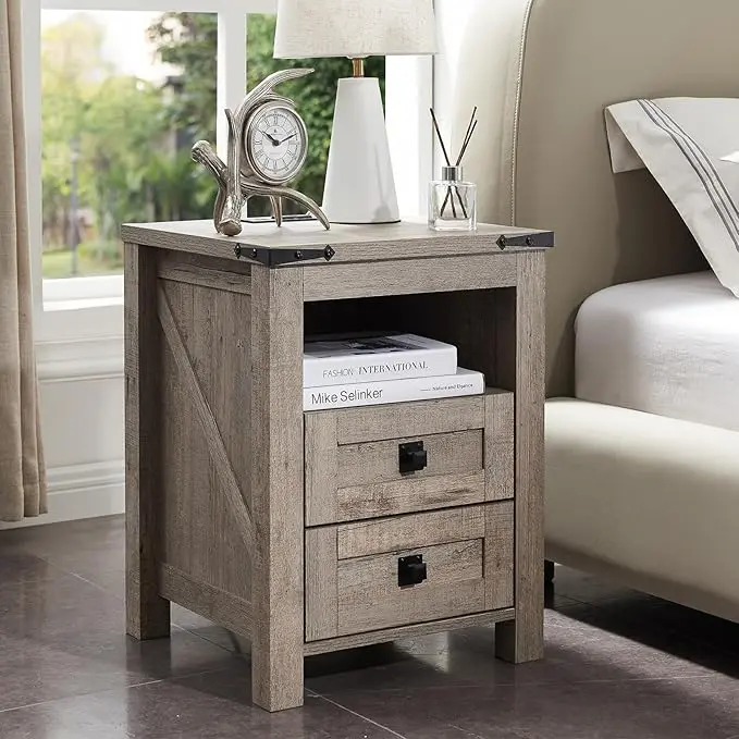 T4TREAM Nightstand with Charging Station, End Table, Side Table with 2 Drawers