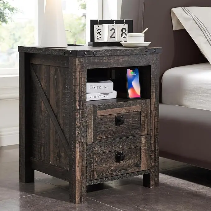 T4TREAM Nightstand with Charging Station, End Table, Side Table with 2 Drawers