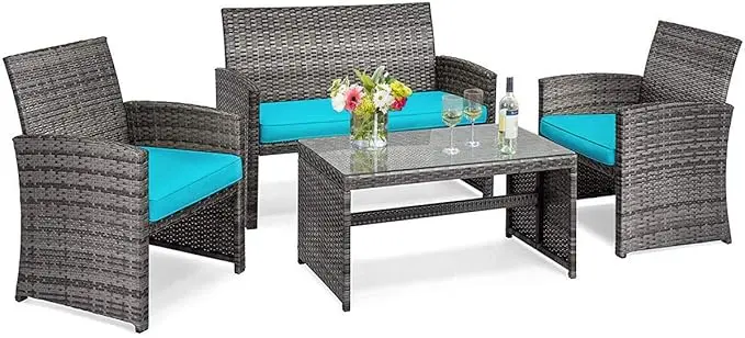 Tangkula 4 PCS Wicker Patio Conversation Set, Outdoor Rattan Sofas