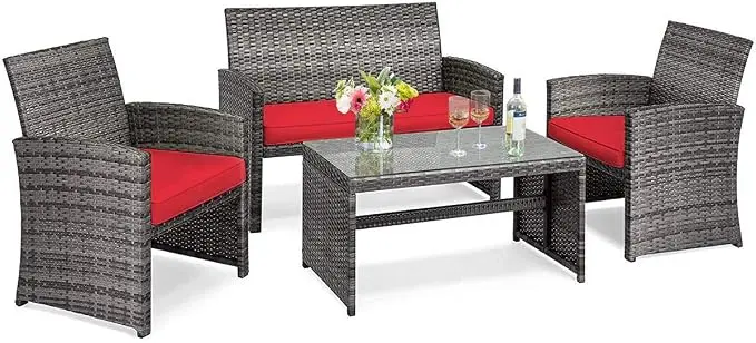 Tangkula 4 PCS Wicker Patio Conversation Set, Outdoor Rattan Sofas