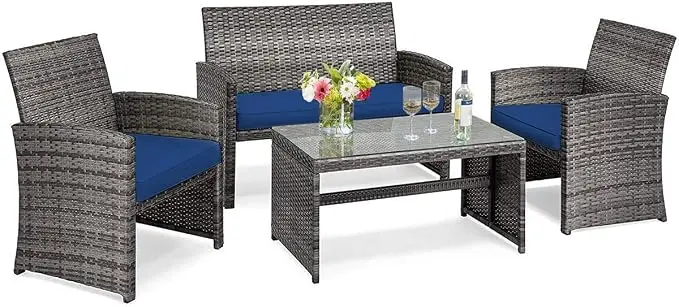 Tangkula 4 PCS Wicker Patio Conversation Set, Outdoor Rattan Sofas