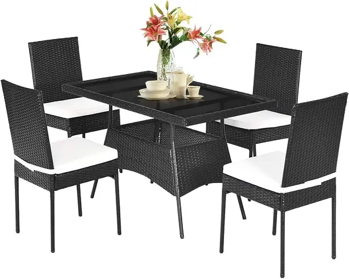 Tangkula 5 Piece Wicker Patio Dining Set, Outdoor Rattan Table & Chairs Set