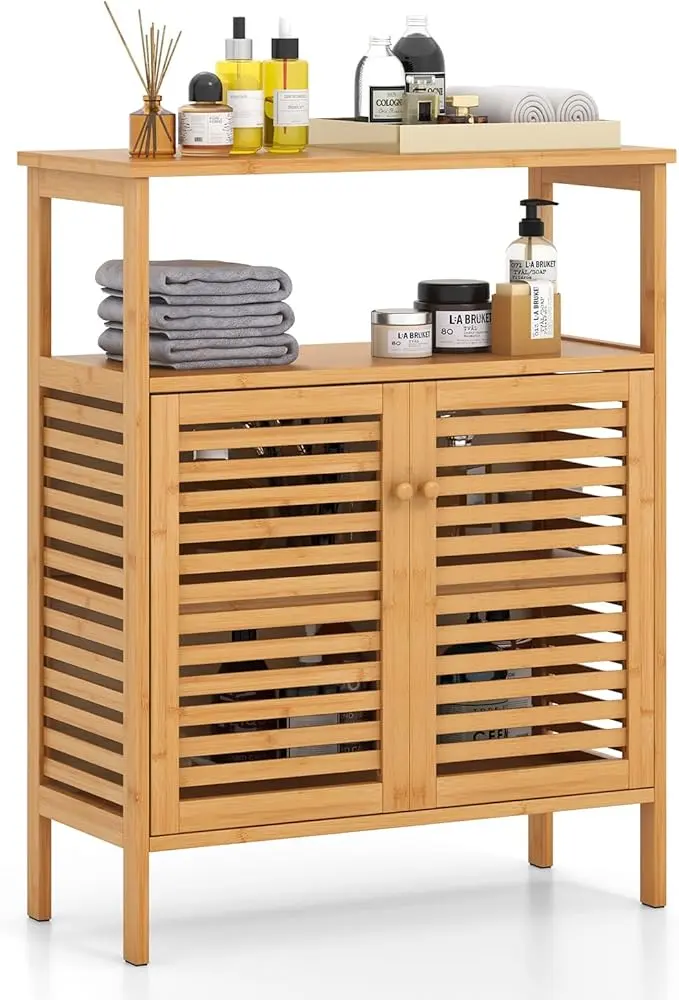Tangkula Bamboo Floor Cabinet, Bathroom Storage Cabinet