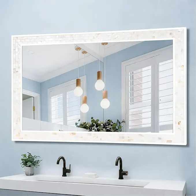 Tanmicoshomy 24 x 47 Inch White Rectangle Wall Mirror, Natual Shell Framed