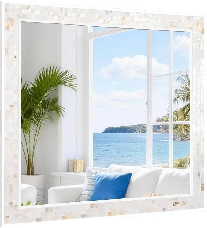 Tanmicoshomy 30 x 30 Inch White Rectangle Wall Mirror, Natural Shell Framed