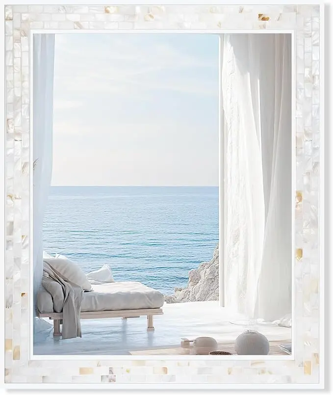 Tanmicoshomy 30 x 36 Inch White Bathroom Mirror, Natural Shell Framed Rectangle