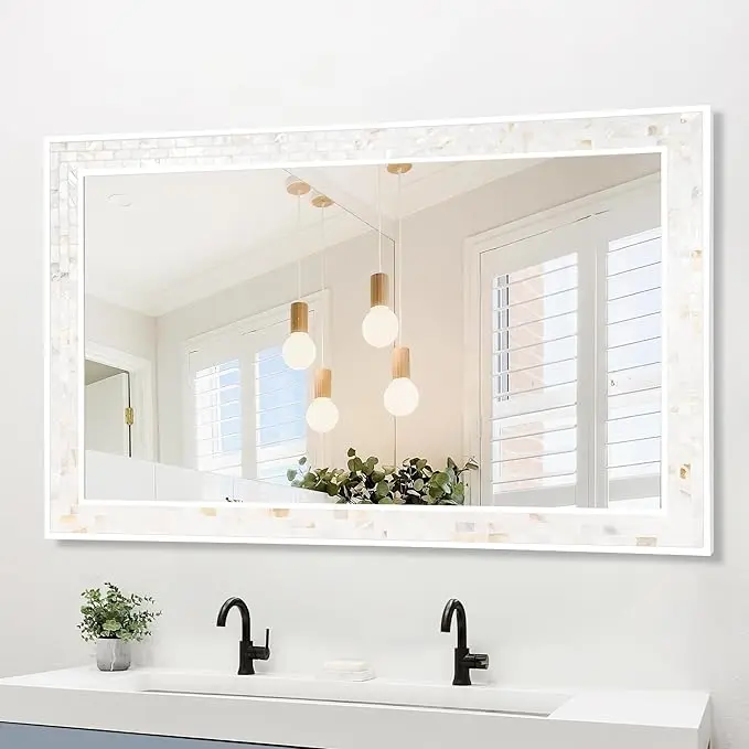 Tanmicoshomy 30 x 48 Inch White Bathroom Mirror, Natural Shell Framed