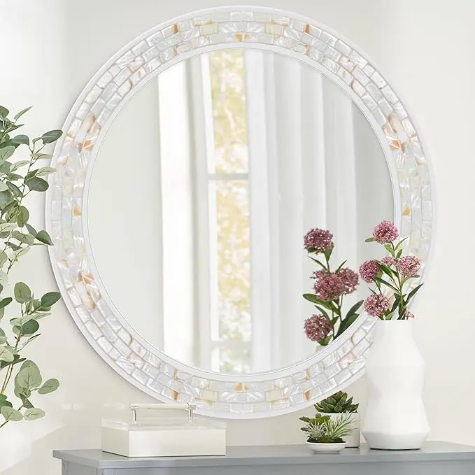 Tanmicoshomy 36 Inch Large Round Mirror, Natural Shell Inlay Framed Large