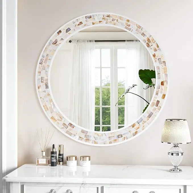 Tanmicoshomy Round Wall Mirror 30 Inch, Natural Brown Shell Framed Circle