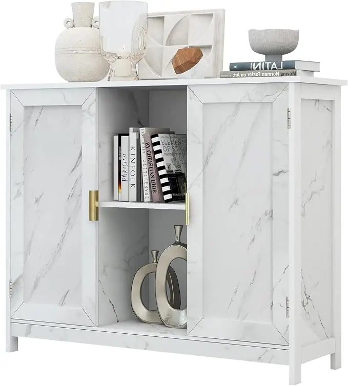 TaoHFE Marble Top Narrow Sideboard Cabinet, Modern White Marble Side Buffet