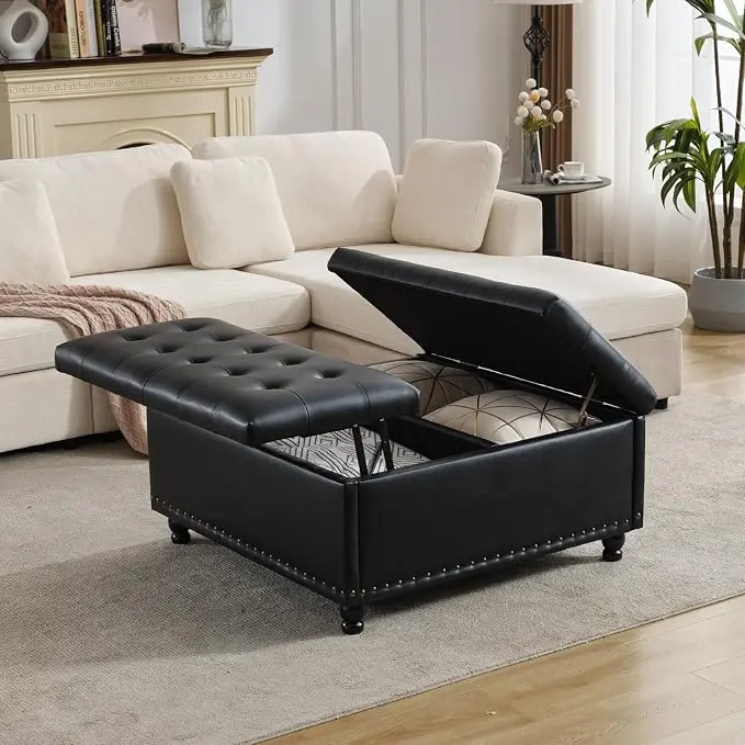 Tbfit Large Square Storage Ottoman Bench, Tufted Upholstered Coffee Table