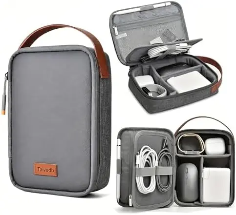 Tech Pouch 8.3" Cable Organizer, Leather Handle, EDC Bag for Travel & Cords