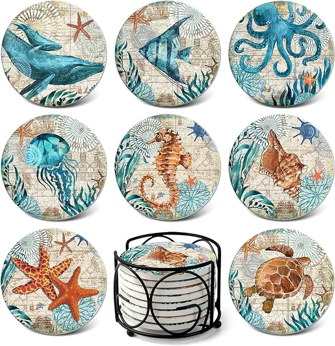 Teivio Absorbing Stone Sea Ocean Life Coasters