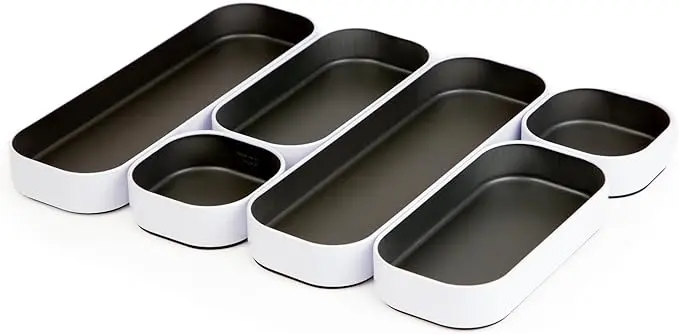 Three by Three Seattle 6 Piece Metal Stacking Bins + Drawer Organizers Set