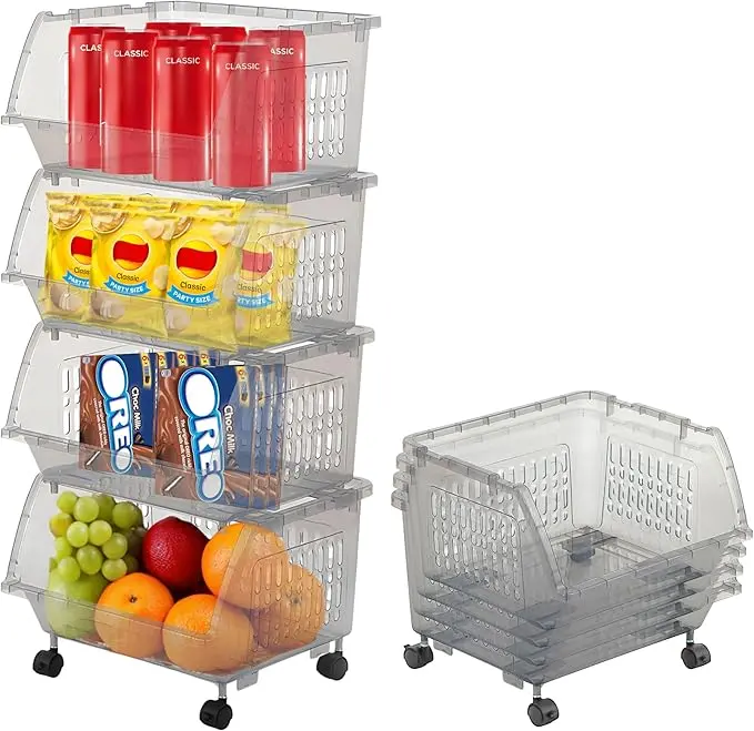TidyFriend Plastic Stackable Bins - 4 Pack Large Stacking Bins Open Front For Toy Organizers and Storage, Pantry, Kitchen, and Bathroom Essentials (Light Grey)