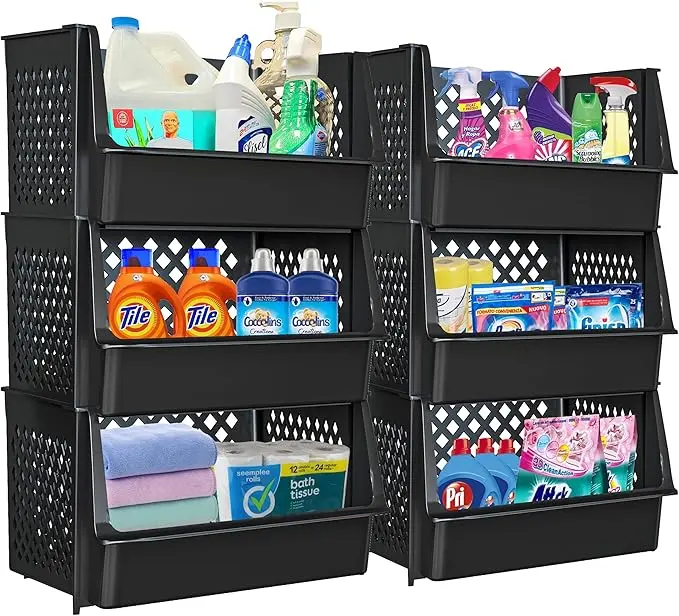 TidyFriend Plastic Stackable Bins for Pantry, 6 Pack Large Stacking Bins Open Front Kitchen, and Bathroom Organization, Open Front Design (Black)