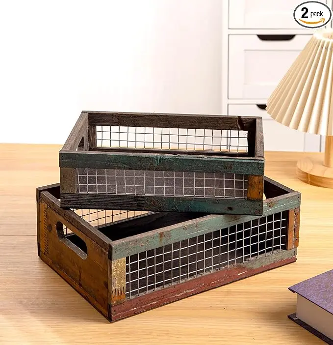 TIMRIS Set of 2 Rustic Wooden Countertop Baskets, Farmhouse Distressed Nesting