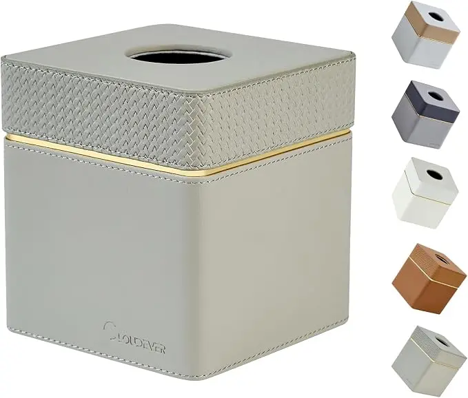 Tissue Box Holder Cover Square, Modern PU Leather Decorative Tissue Cube Holder Organizer - Woven Pattern Grey