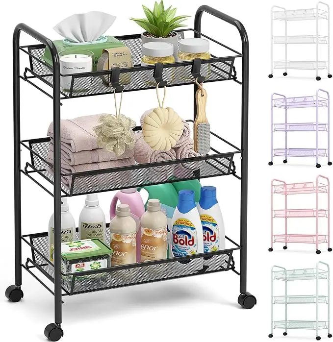TOOLF 3-Tier Metal Rolling Cart, Mesh Wire Easy Assemble Utility Cart, Storage