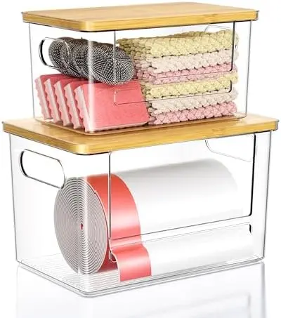 Trash Bag Dispenser 2 Pack (XL+S) - Trash Bag Holder with Bamboo Top